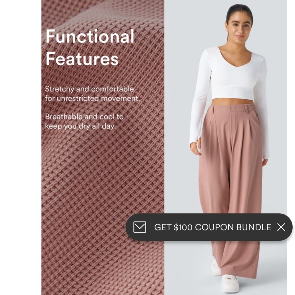 Halara‎ Waffle Knit High Waisted Wide Leg Pleated Pants Dusty Rose Pink Medium P